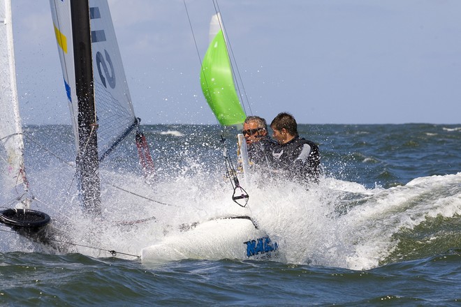 Bourgnon and Fanouillaire dig in - Nacra 2010 International Championship  &copy; Claire Matches http://www.clairematches.com